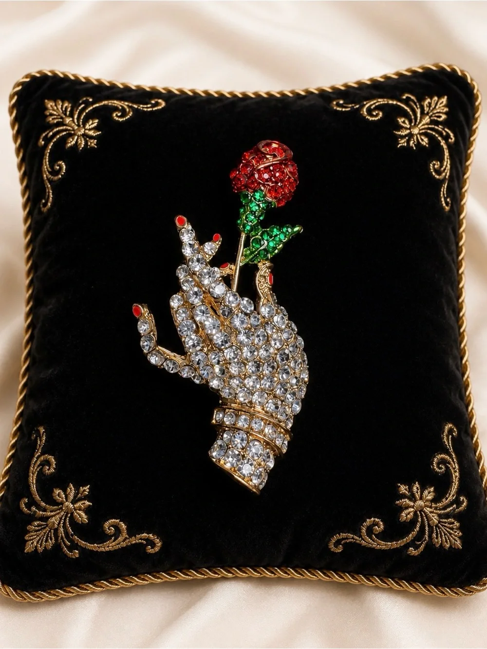 Brooch Crystal Lady Hand & Rose  - Rhinestone Gold Tone Red Green Accents Pin